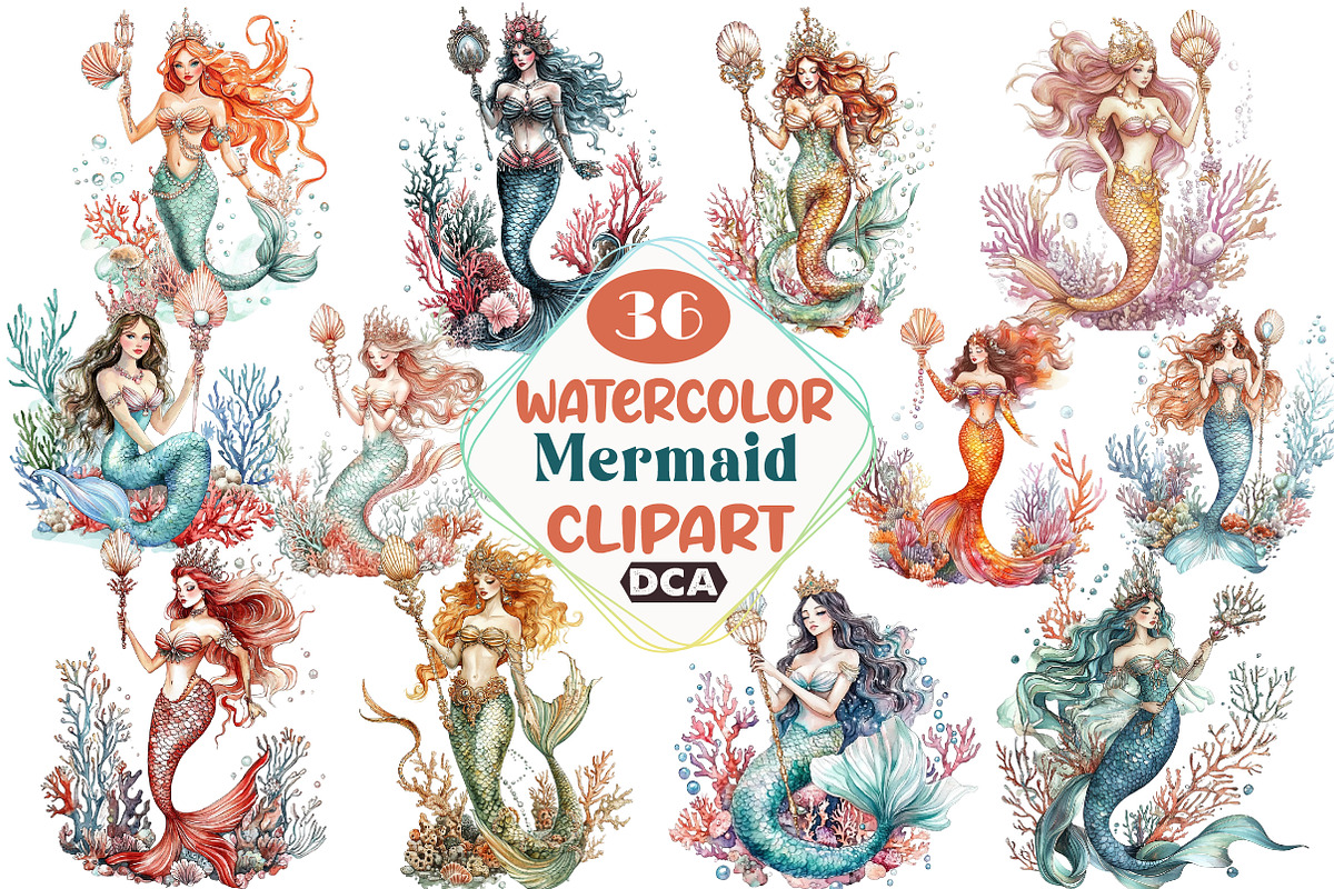 Watercolor Mermaid Clipart, an Illustration by DreamCafeArt (Photo 1 of 3)