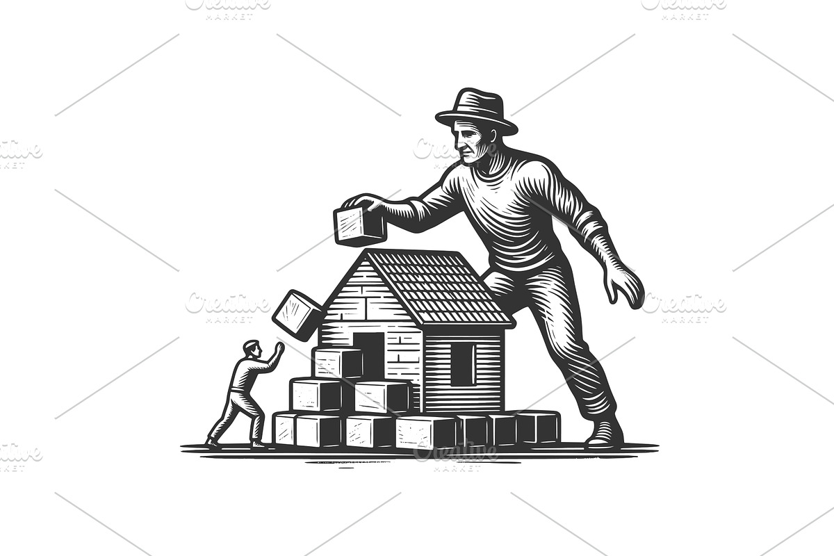 Teamwork Building House With Blocks, a Person Illustration by AlexArt