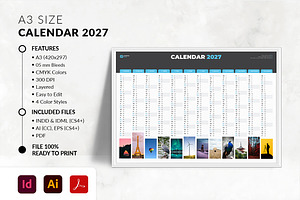 A3 Landscape Calendar 2027, a Stationery Template by MstArtwork