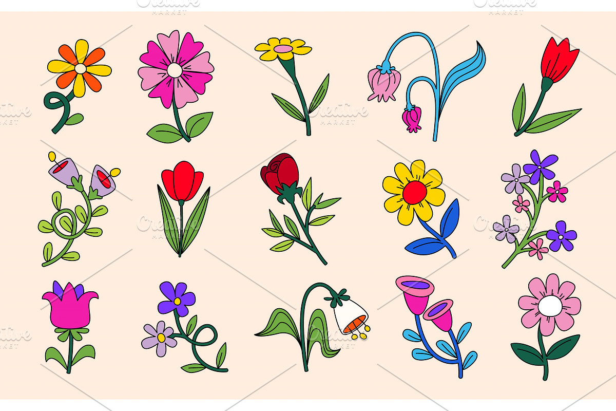 Groovy flower vector set with cute, an Object Illustration by art PVP - market