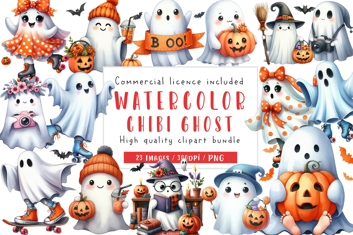 Chibi Ghost, Cute ghost Clipart, an Illustration by CreationArt (Photo 1 of 5)
