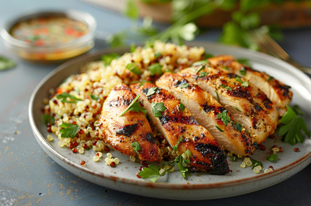 Plate of grilled chicken served with, a Photo by Iftikhar Alam