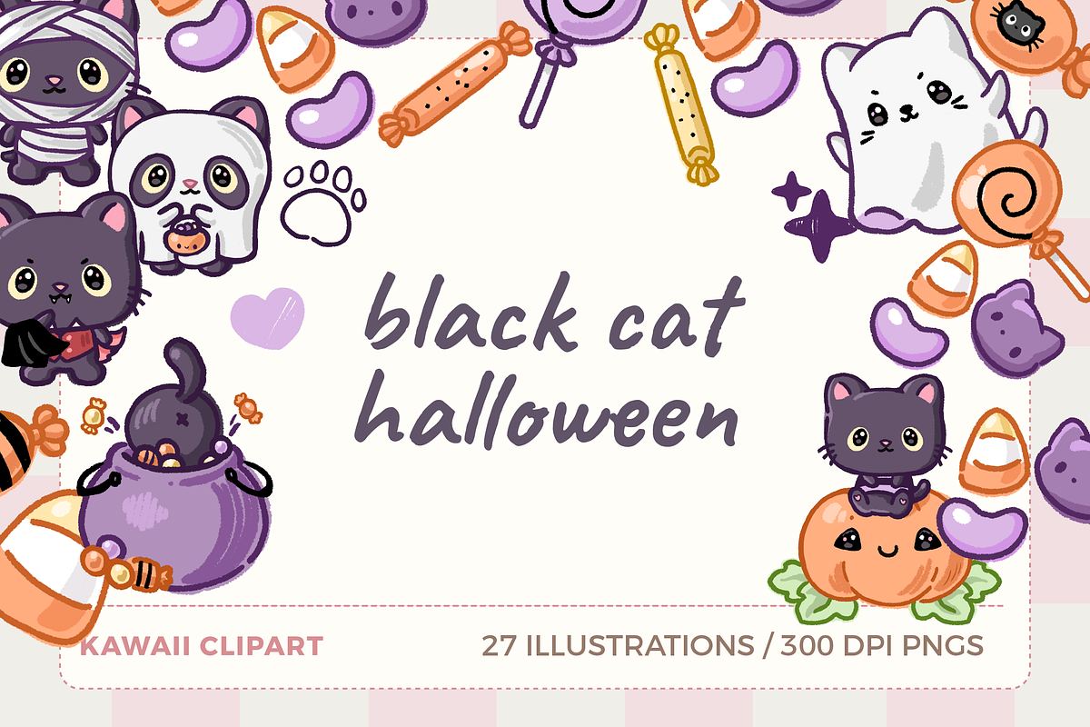 Kawaii Black Cat Clipart, a Seasonal Illustration by TheClipAtelier (Photo 1 of 3)