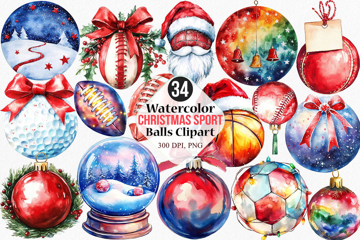 Watercolor Christmas Sport Balls, an Illustration by Canvas Craft (Photo 1 of 7)