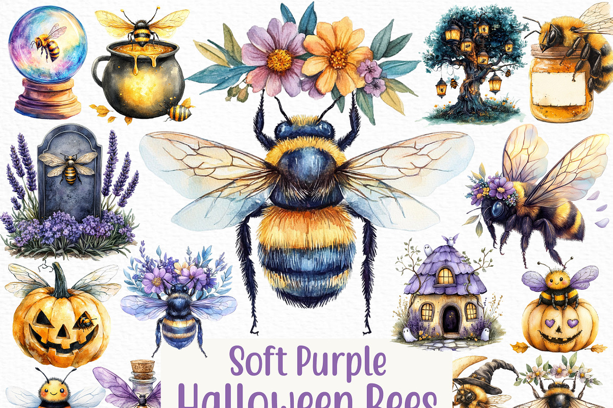 Soft Purple Halloween Bees Clipart, an Illustration by Craft Nest (Photo 1 of 6)