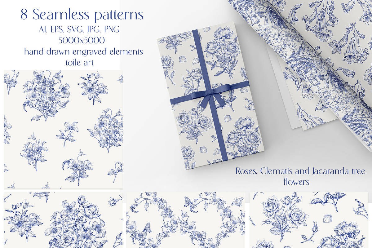 Vintage Seamless Patterns Blue Toile, a Pattern Graphic by ON_lineart_store (Photo 2 of 10)