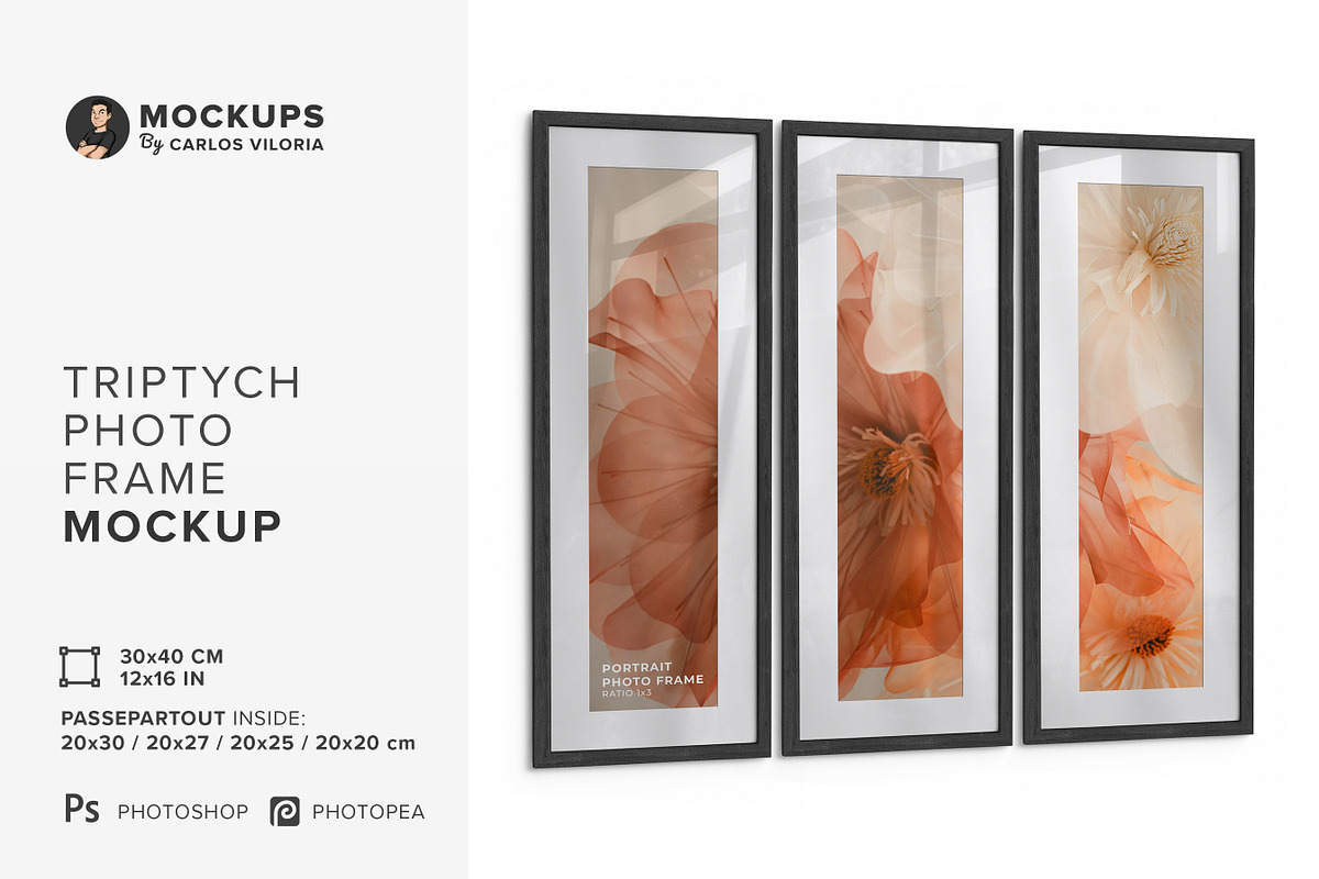 Triptych Photo Frame Mockup – R3x1, a Merchandise Mockup by Mockups by Carlos Viloria (Photo 1 of 7)