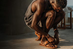 Man adjusting leather sandals, a Person Photo by Virgo Studio