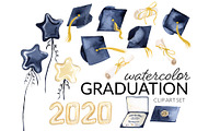 Watercolor Graduation Clipart, an Illustration by Digital Press Creation (Thumbnail 1 of 3)