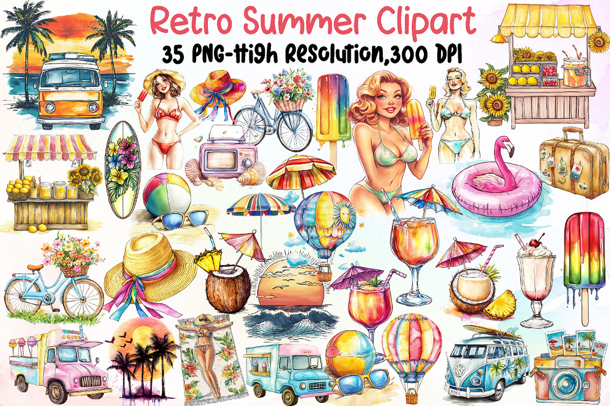 Vintage Retro Summer Clipart, an Illustration by Sublimation Artist (Photo 1 of 6)
