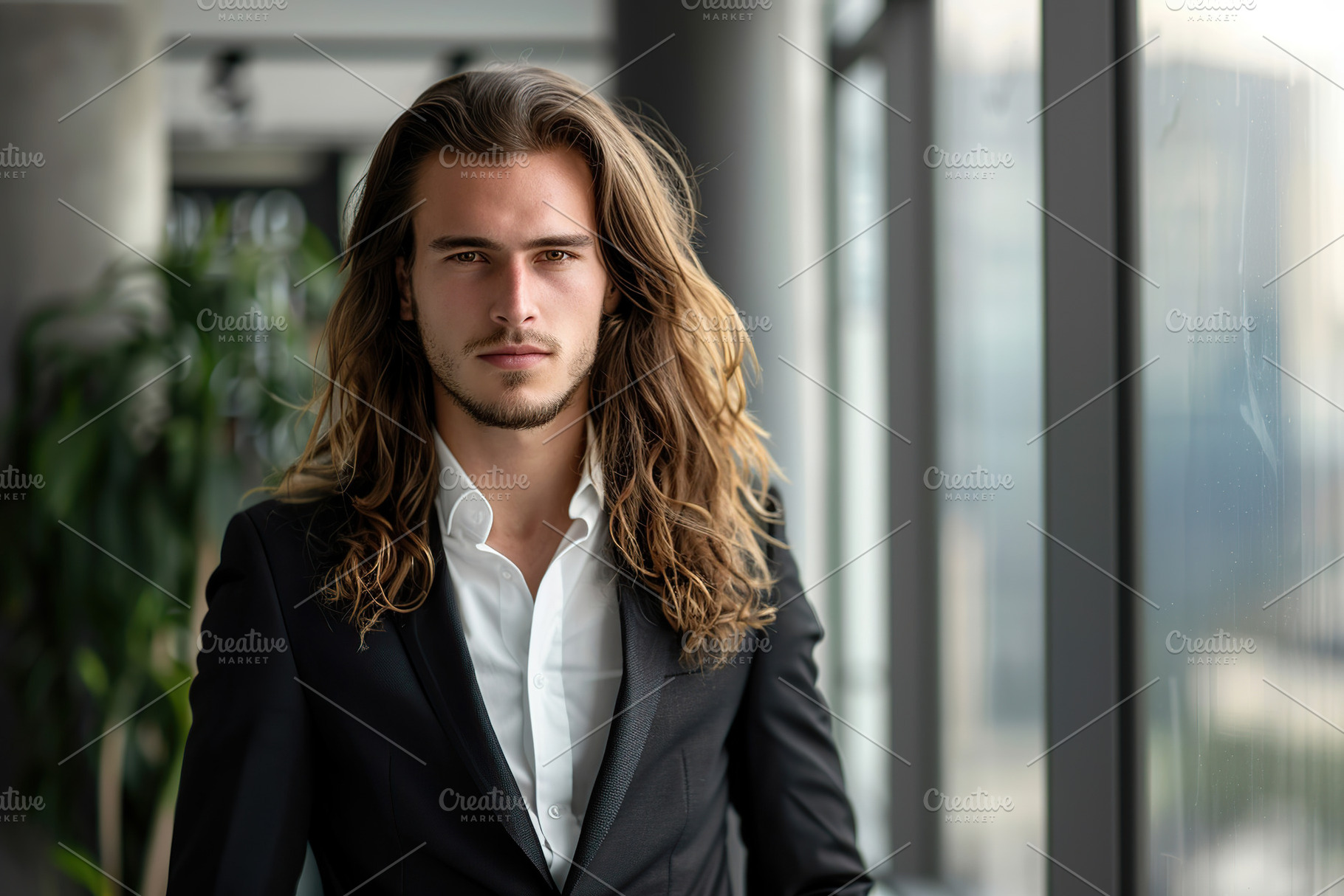 Young businessman in business suit with long hair standing on bl, a Business Photo by AlyaAnd