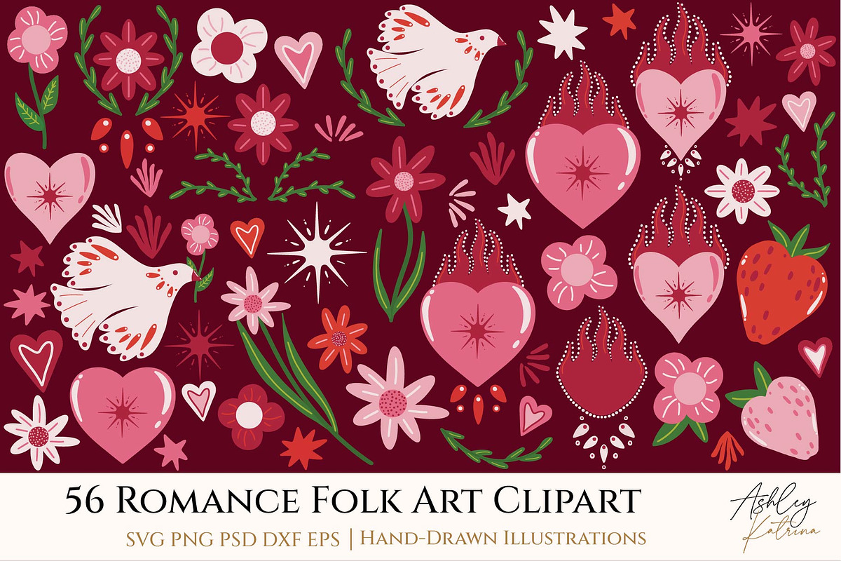 56 Romantic Folk Art Cliparts, an Object Graphic by Ashley Katrina (Photo 1 of 14)