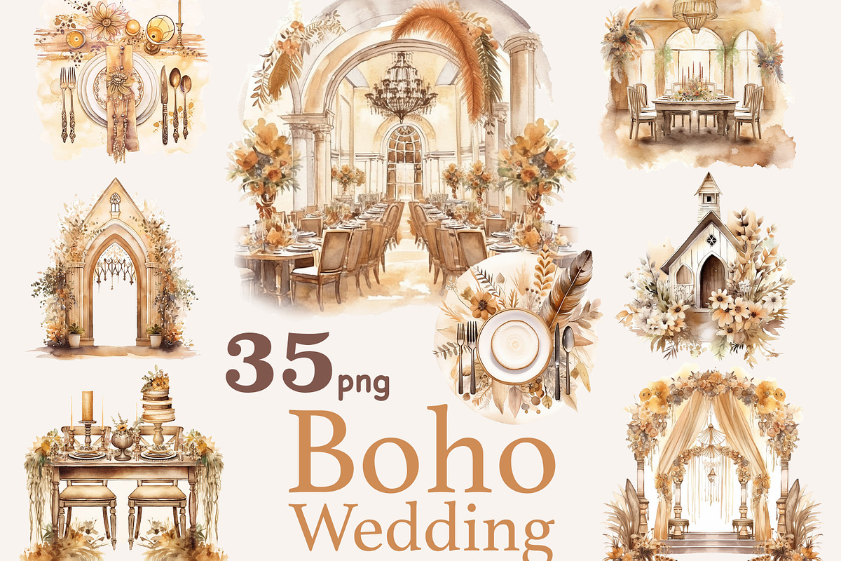 Boho Wedding Scenes Clipart, a Decorative Illustration by GlamArtZhanna (Photo 1 of 5)