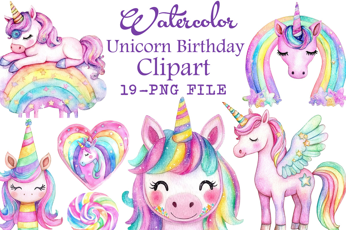 Watercolor Unicorn Birthday Clipart, an Illustration by Libby Wishes (Photo 1 of 6)