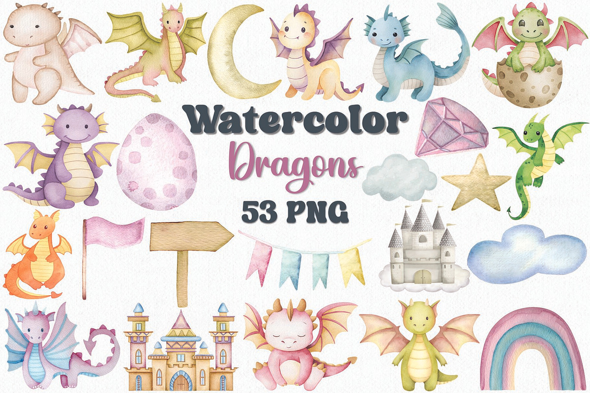 Watercolor Dragon Clipart Set, an Animal Illustration by CropUp Creative (Photo 1 of 4)