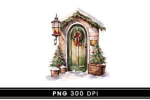 Watercolor Christmas Door Clipart