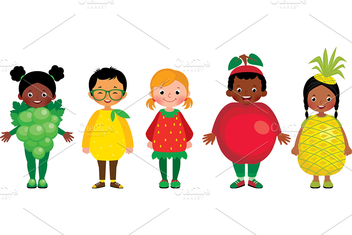 Children in different fruit costume, a Food Illustration by Julia's illustrations