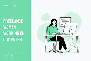 Freelance Woman Working on Computer, a Work Illustration by Partikusi Design