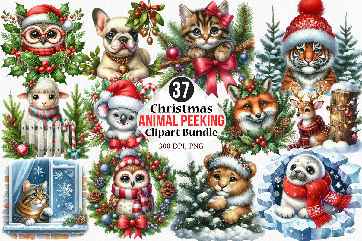 Christmas Animal Peeking Clipart, an Illustration by Canvas Craft (Photo 1 of 8)
