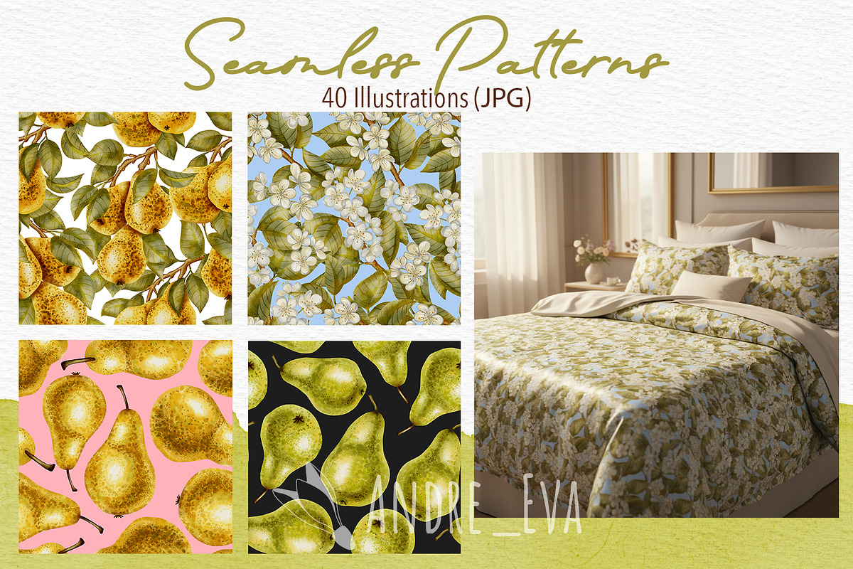 Watercolor Pears Clipart/Pattern, an Illustration by Andre_Eva (Photo 7 of 10)
