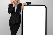 Business app. Excited female entrepreneur in formal wear leaning at big blank s, a Photo by Prostock-Studio (Thumbnail 2 of 2)