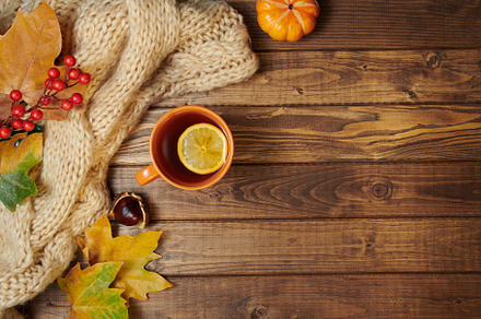 Autumn flat lay on wooden planks containing scarf, cup, and chestnuts, an Abstract Photo by Alliance Images