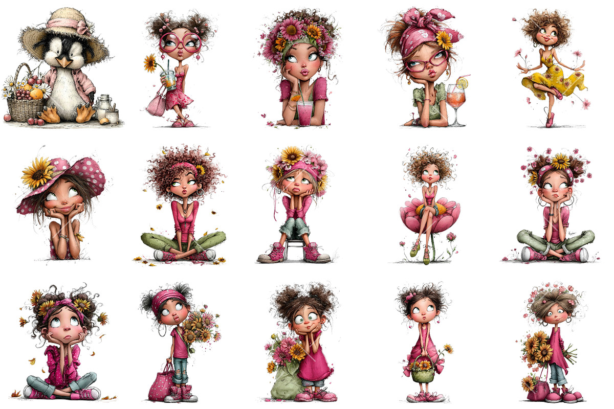 Summer Funny Sunflower Girls Clipart, an Illustration by OK Design (Photo 3 of 6)