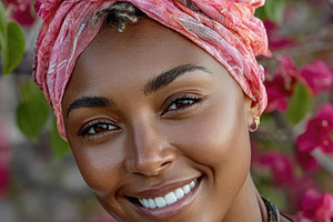 Smiling young Black woman wearing pink headscarf in flower garde, a Person Photo by José Manuel Gelpi