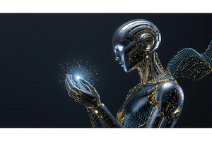Futuristic humanoid robot holding a, an Illustration by tilialucida