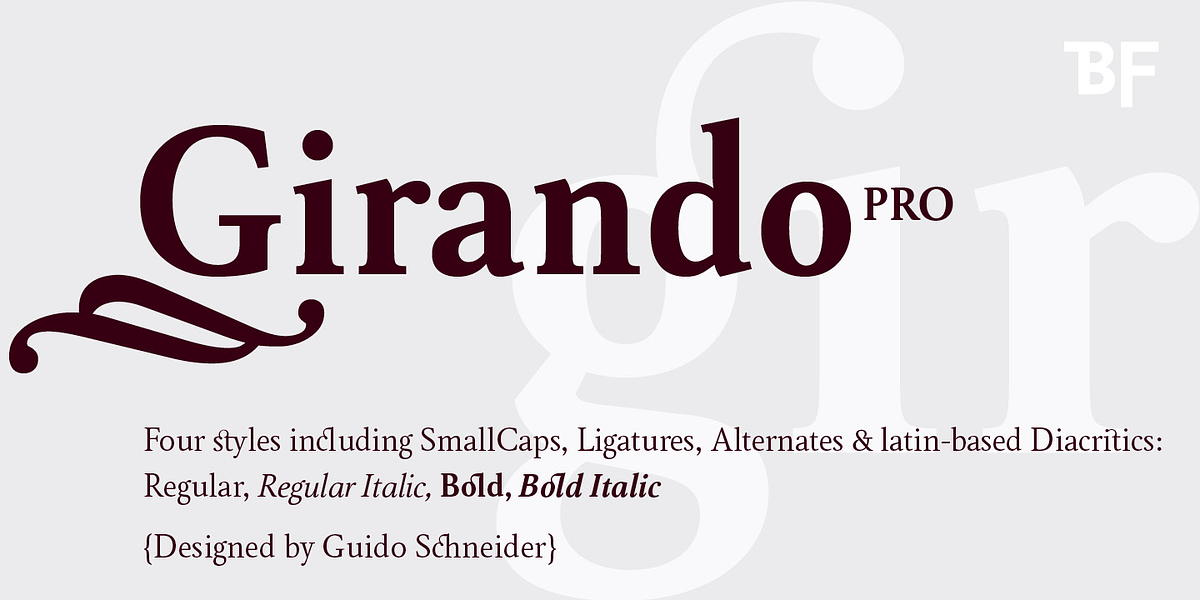 BF Girando Pro, a Serif Font by BrassFonts (Photo 1 of 6)