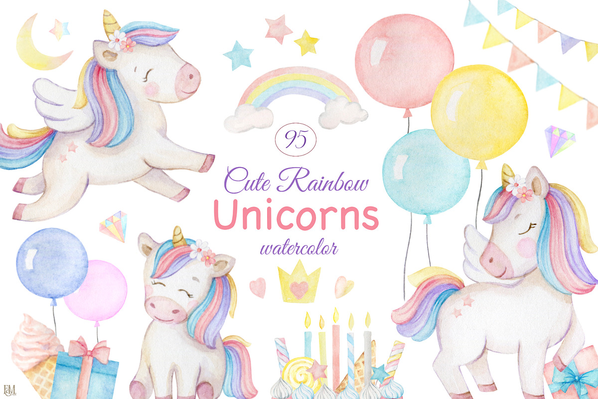 Watercolor Cute Rainbow Unicorns, a Decorative Illustration by Elena Medvedeva (Photo 1 of 6)
