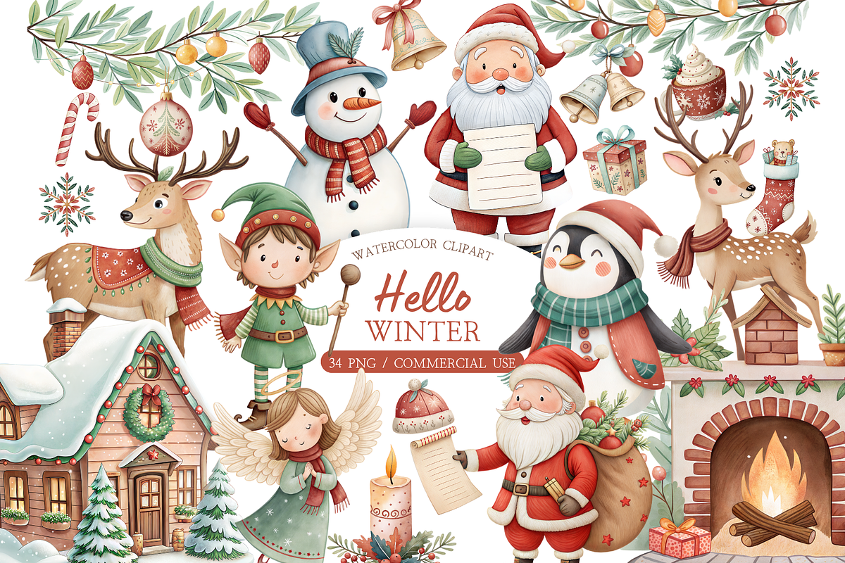 Hello Winter Watercolor Clipart, an Illustration by MockupWizard (Photo 1 of 5)