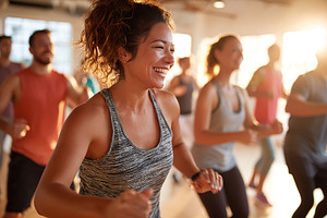Joyful participants engage in an energizing fitness class in a sunlit studio, a Person Photo by AlyaAnd