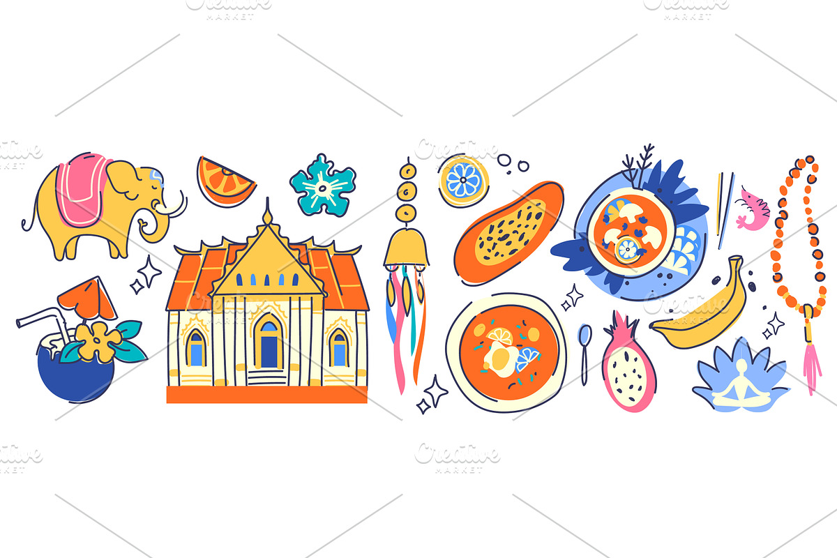 Thailand culture icons with, a Food Illustration by art PVP - market