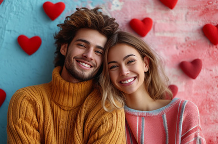 Beautiful young couple with red hearts on color background, clos, a Holiday Photo by AS photostudio