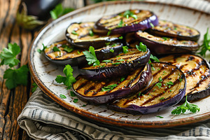 Slices of grilled eggplants in plate on wooden table, a Food & Drink Photo by AlyaAnd