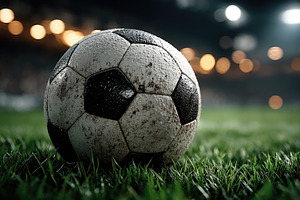 Dirty Wet Soccer Ball on Grass with Stadium Lights at Night, a Sports & Recreation Photo by José Manuel Gelpi