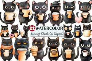 Funny Coffee Black Cat Clipart, an Illustration by Rose Art