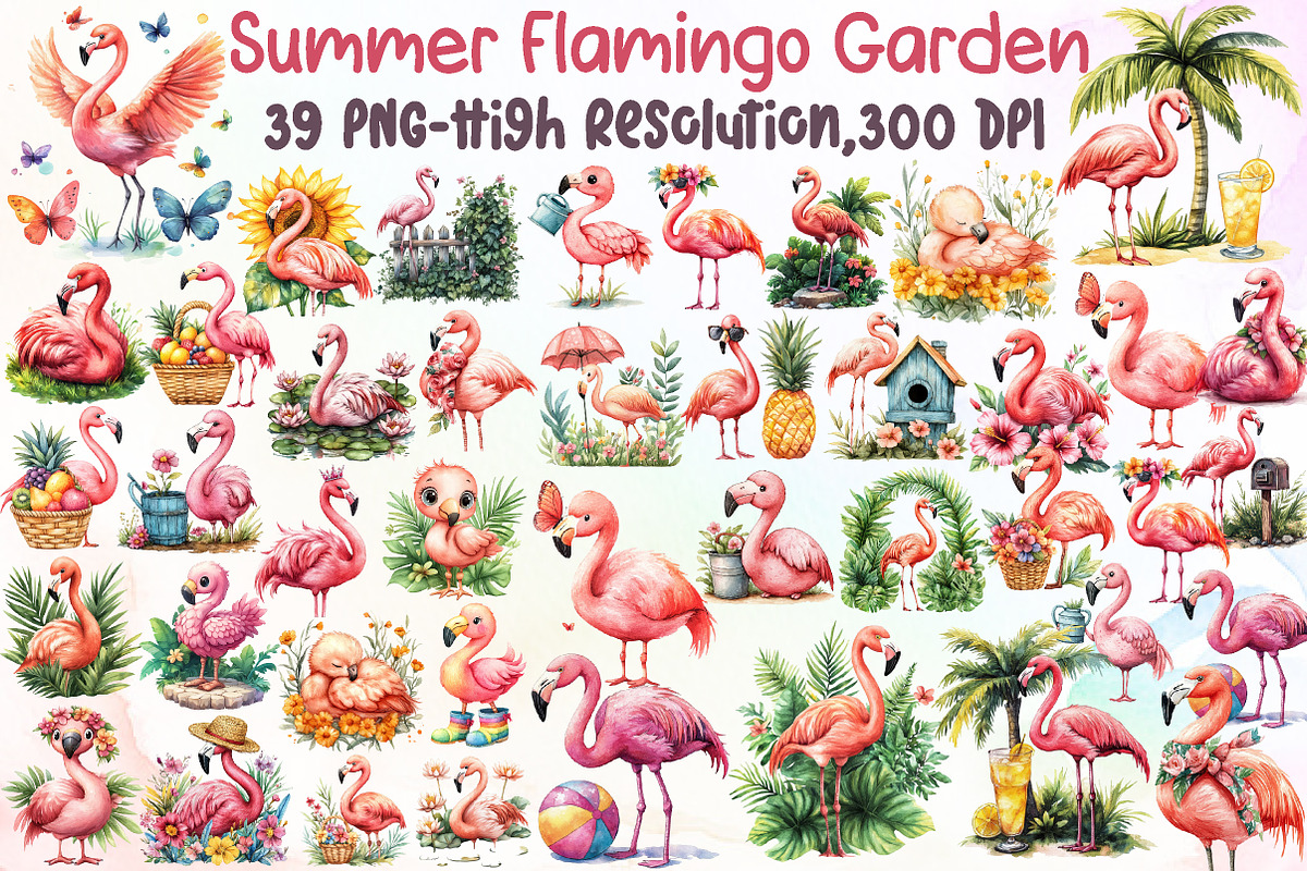 Summer Flamingo Garden Clipart, an Illustration by Sublimation Artist (Photo 1 of 6)
