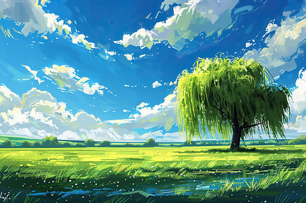 Lush green field under blue skies wi, a Photo by LOGOCREATIVE