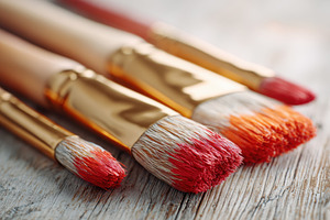 Close-up of paintbrushes on wooden surface, an Arts & Entertainment Photo by AlyaAnd