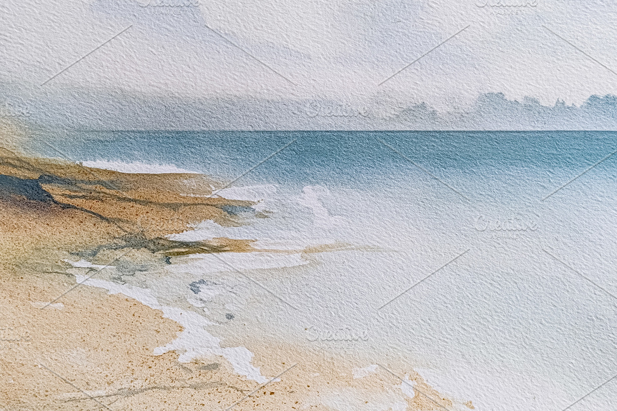 Serene watercolor seascape painting depicting a tranquil beach s, a Photo by Studio ANNA (Photo 1 of 2)