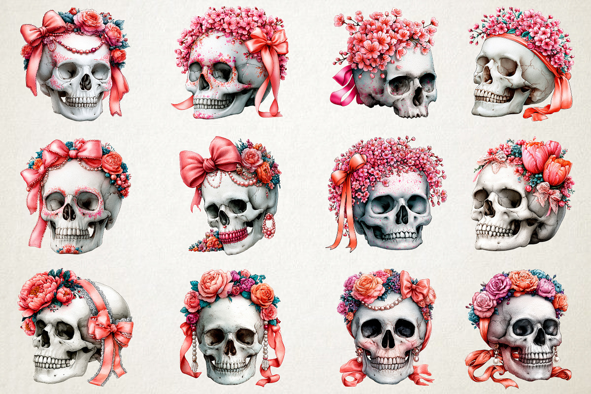 Watercolor Coquette Skull Clipart, a Seasonal Illustration by RobertsArt (Photo 2 of 7)