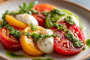 Fresh heirloom tomato salad topped with pesto and herbs for a delightful summer, a Food & Drink Photo by AlyaAnd