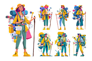 Female traveler cartoon vector set, a Person Illustration by Onyx
