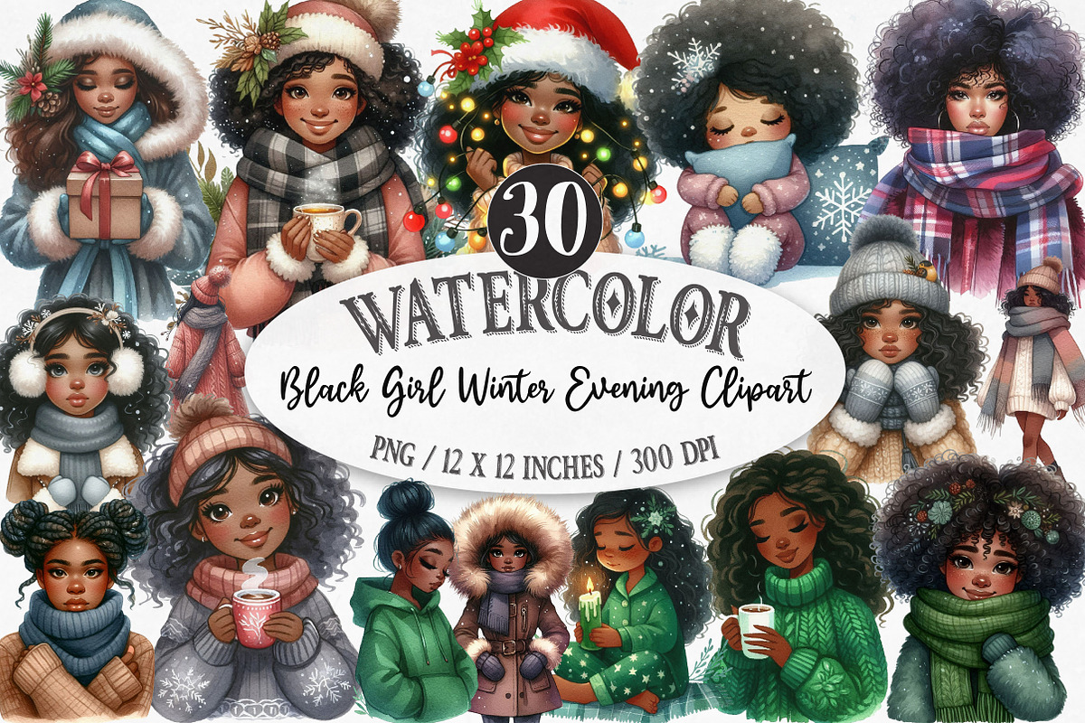 Black Girl Winter Evening Clipart, an Illustration by Designking (Photo 1 of 5)