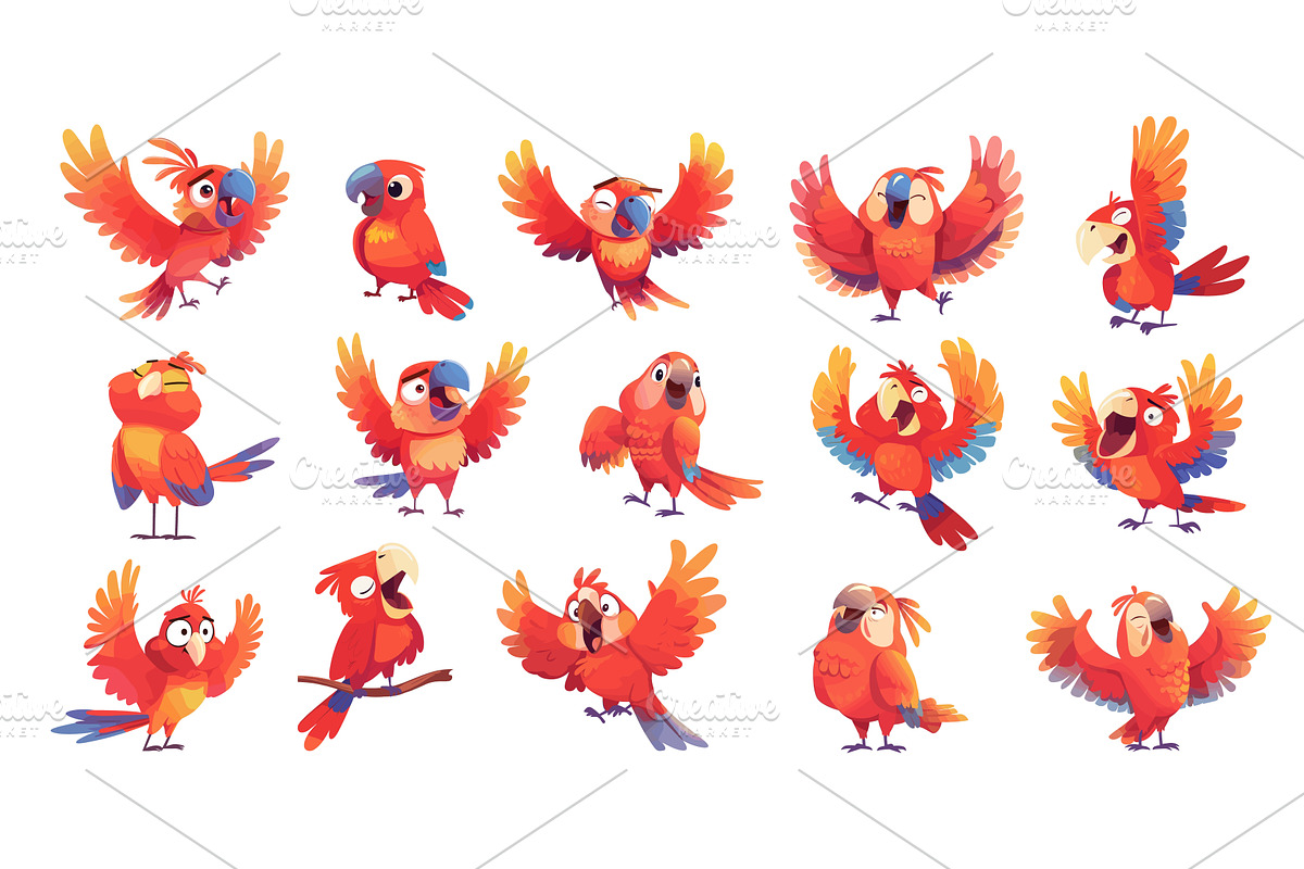 Parrots cartoon set. Red cheerful, an Animal Illustration by Stock-Smart-Start