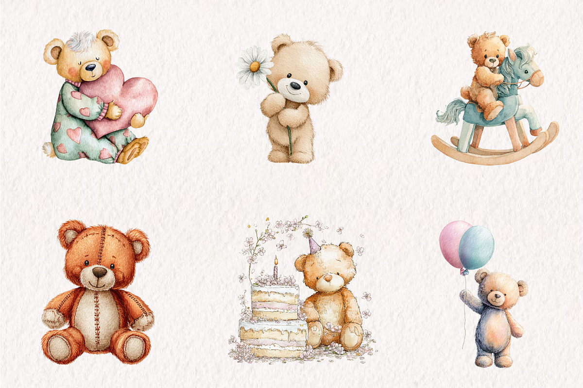 Watercolor Teddy Bear Clipart, a Seasonal Illustration by CreationArt (Photo 3 of 7)
