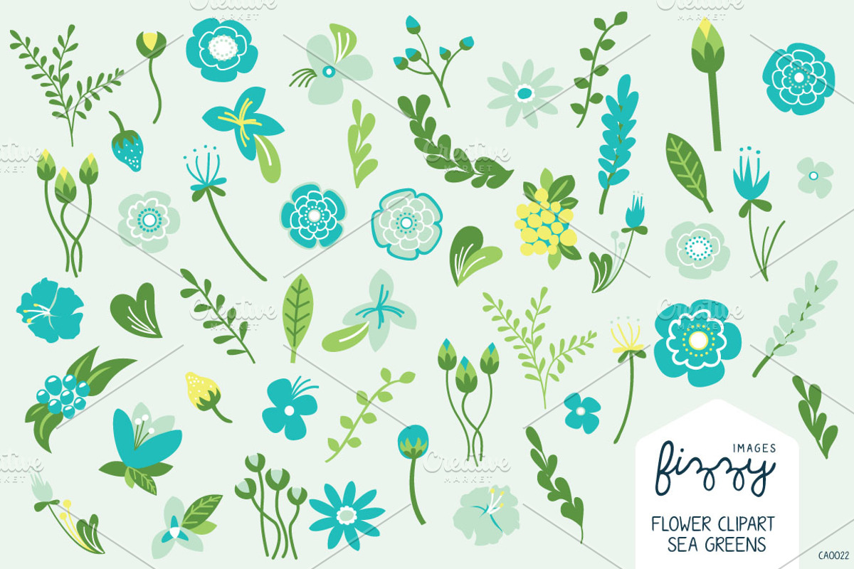 Sea Greens Floral Hand Drawn Set, an Illustration by Fizzy Images