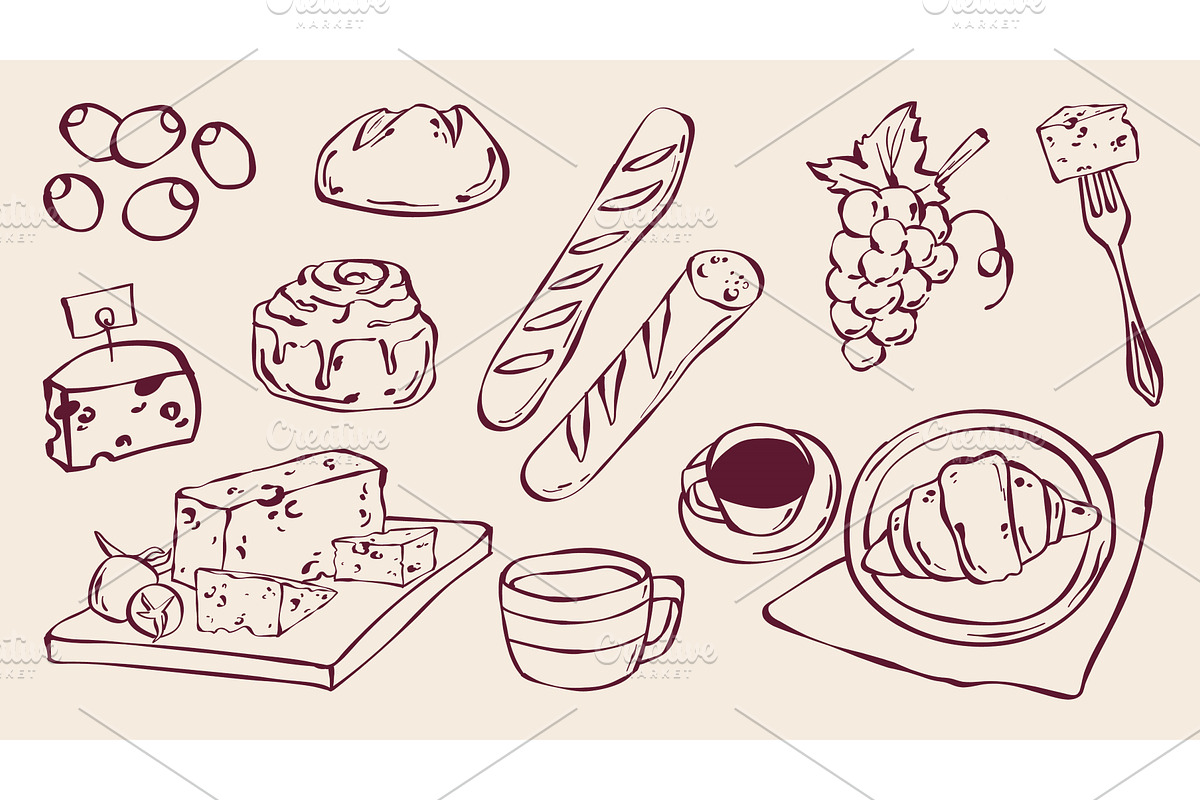 Hand drawn French food doodle set, a Food Illustration by art PVP - market